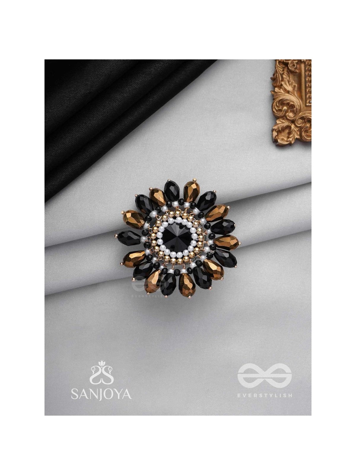 Aralu - Flower In Bloom - Beads, Stone And Glass Drops Hand Embroidered Adjustable Ring (Black & Golden)