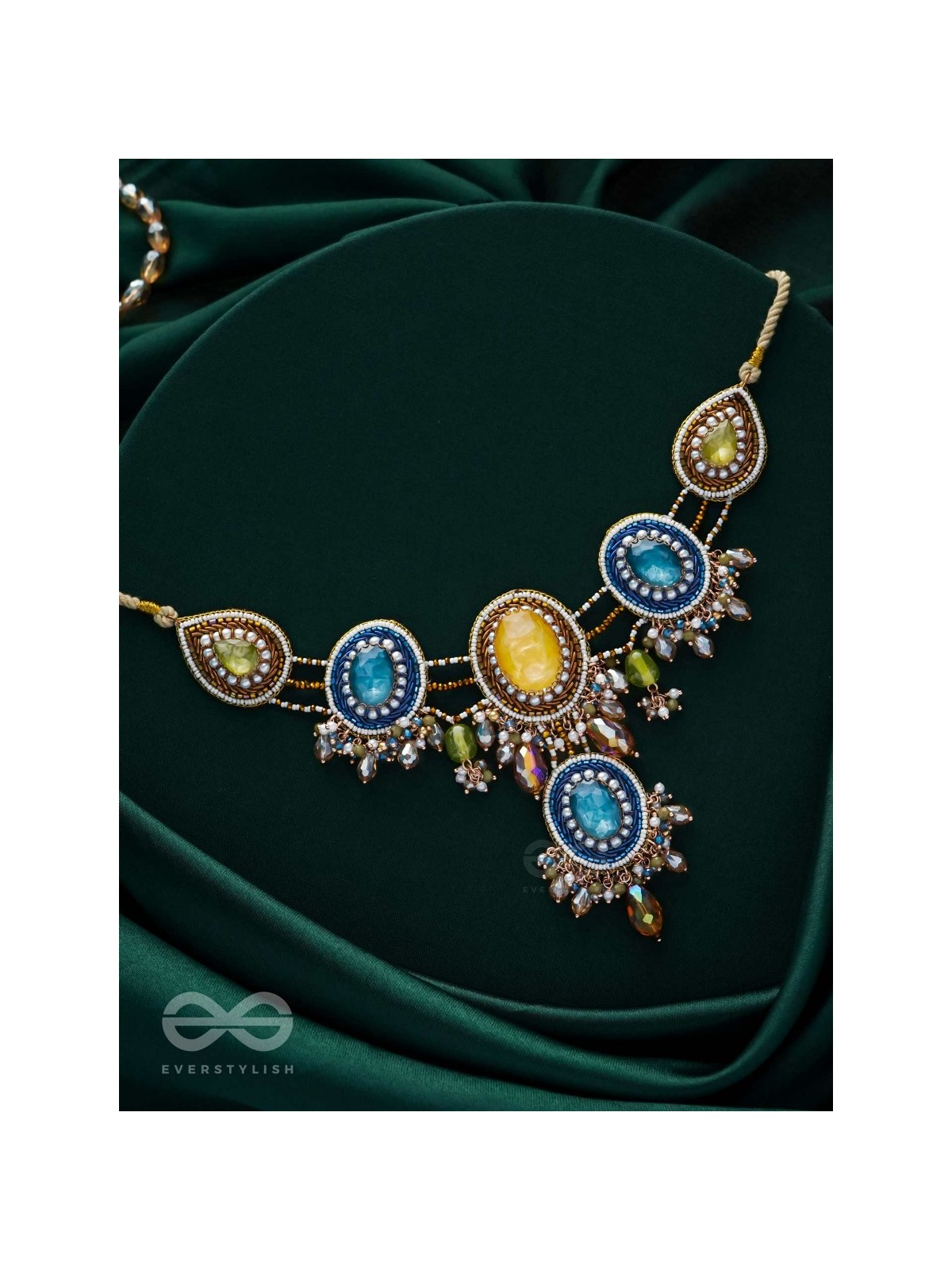 Suvibhushita - Adorned With Splendor - Stones, Glass Drops And Beads Hand Embroidered Neckpiece