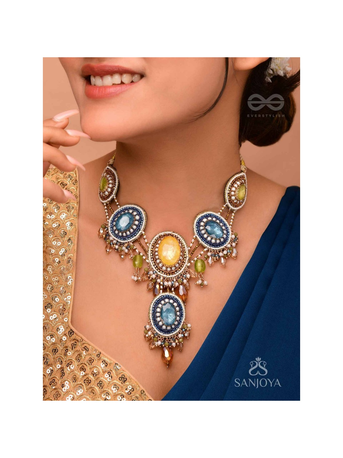 Suvibhushita - Adorned With Splendor - Stones, Glass Drops And Beads Hand Embroidered Neckpiece