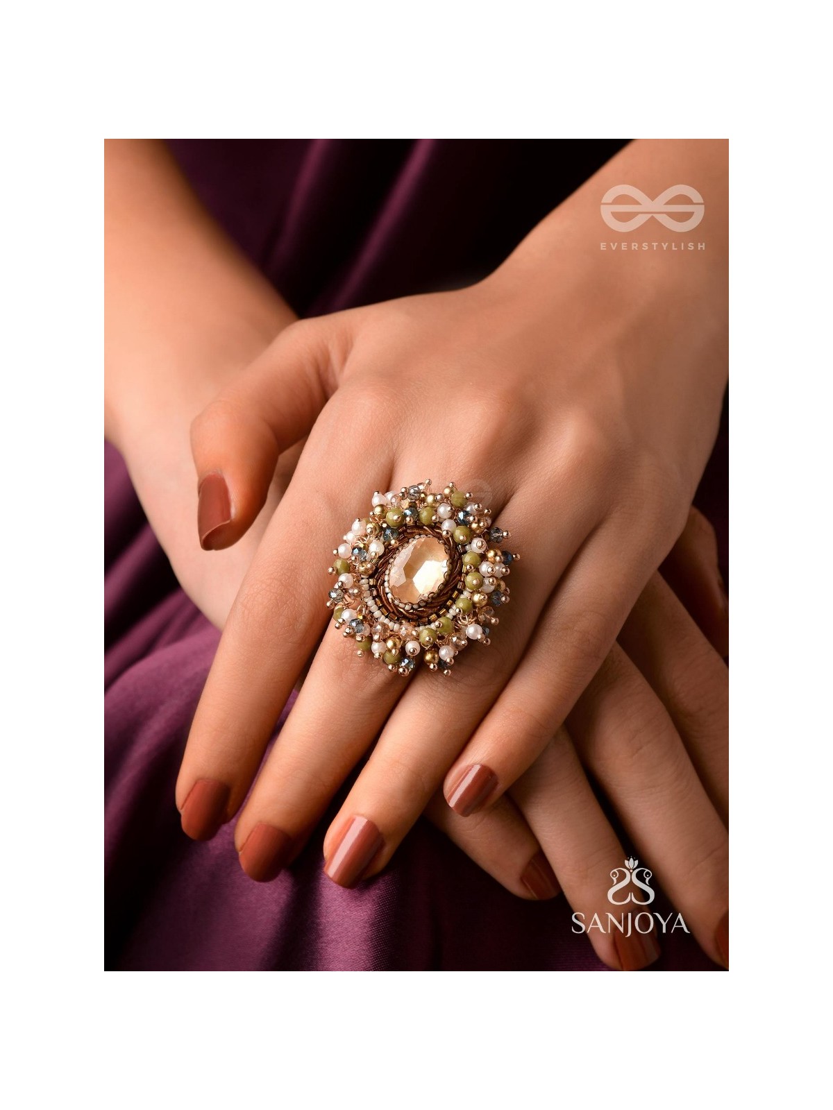 PRAKHYAATI - THE ILLUMINATING CRYSTAL - STONE AND BEADS EMBROIDERED RING (MULTICOLOR)