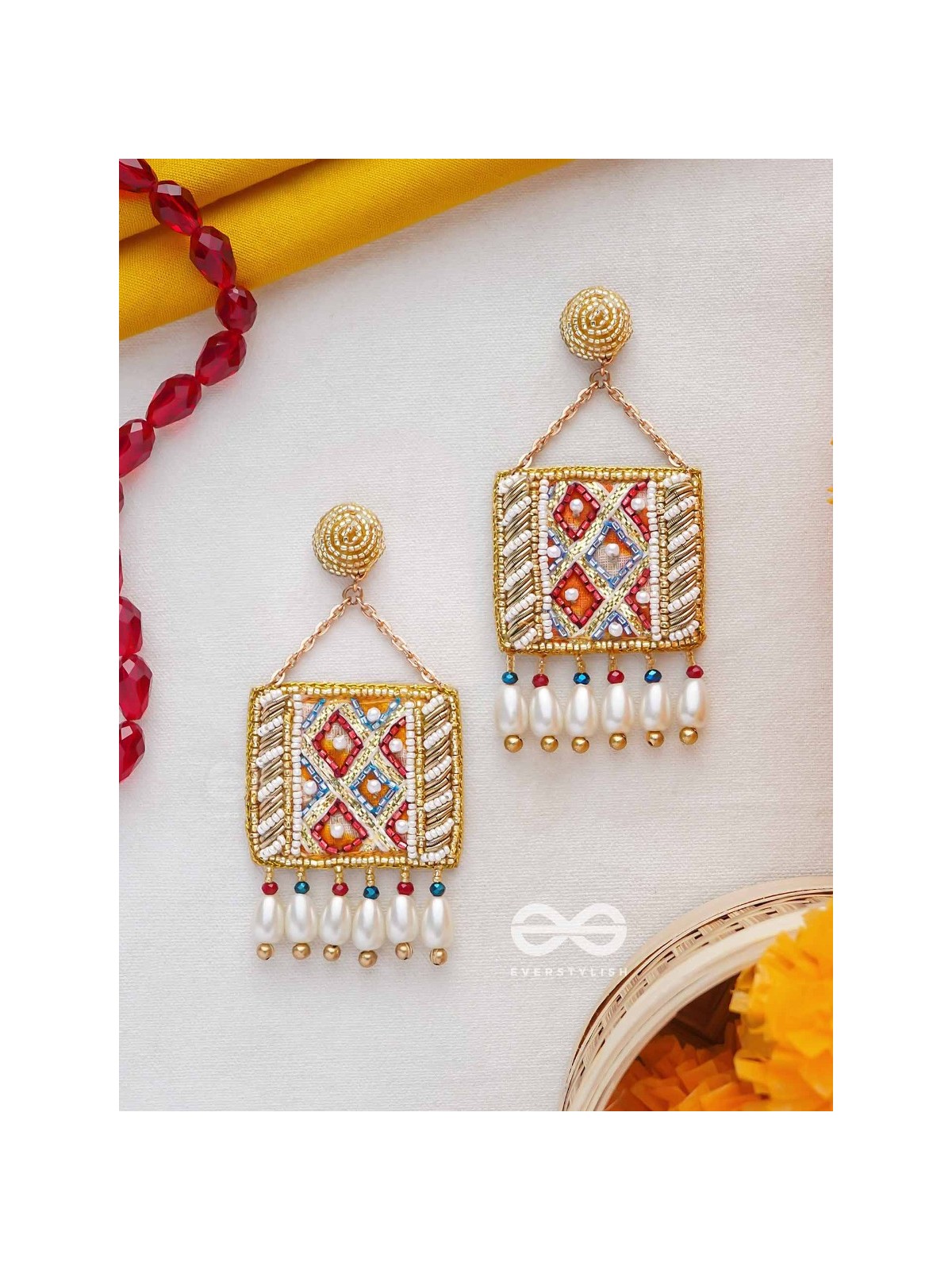 NITAMBA - GOLDEN ELEGANCE GLIMPSE - BEADS AND PEARL DROPS EMBROIDERED EARRINGS