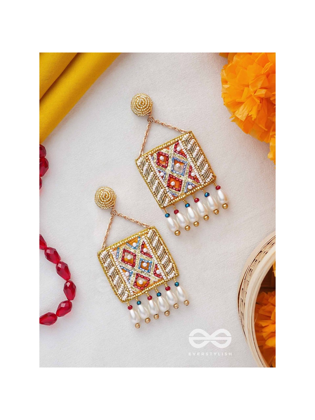 NITAMBA - GOLDEN ELEGANCE GLIMPSE - BEADS AND PEARL DROPS EMBROIDERED EARRINGS