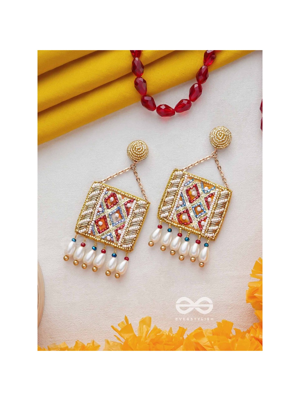 NITAMBA - GOLDEN ELEGANCE GLIMPSE - BEADS AND PEARL DROPS EMBROIDERED EARRINGS