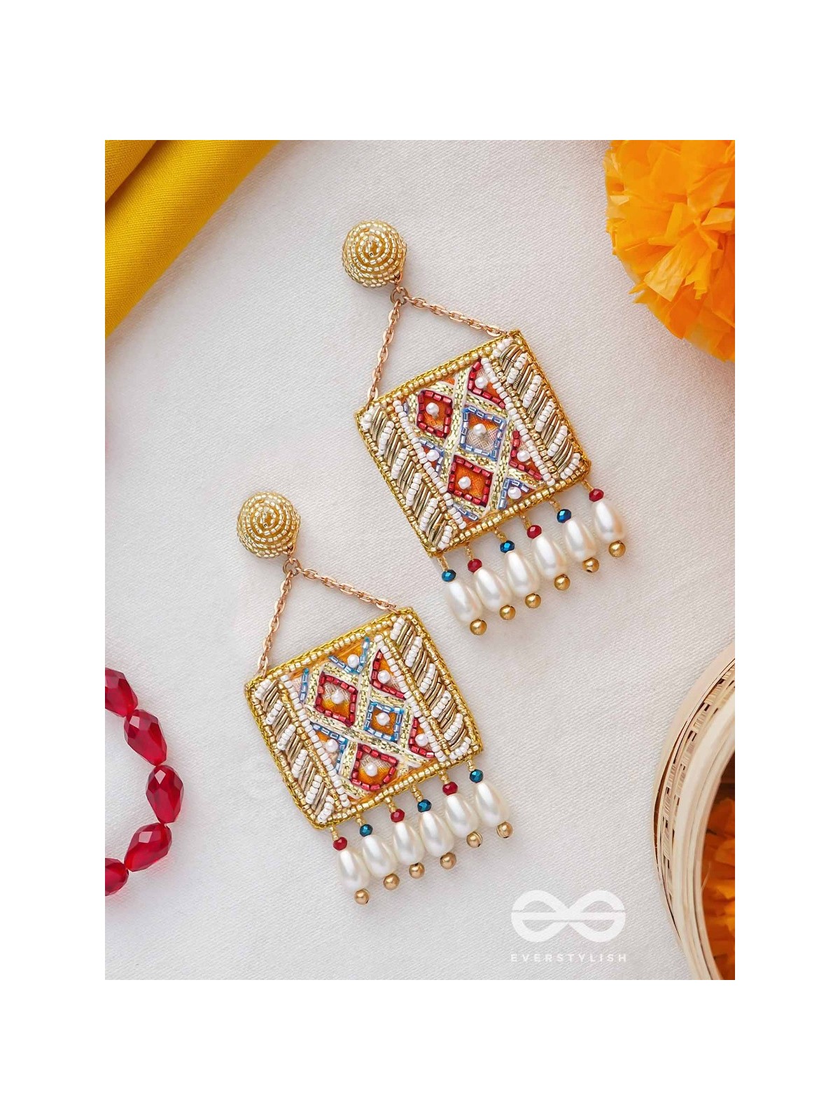 NITAMBA - GOLDEN ELEGANCE GLIMPSE - BEADS AND PEARL DROPS EMBROIDERED EARRINGS