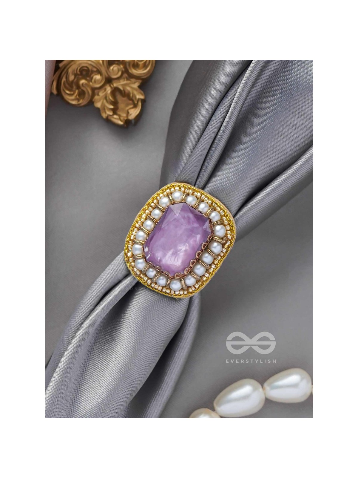 Prakdhipta - Studded With Stone - Stone And Pearls Hand Embroidered Stud Ring (Purple)