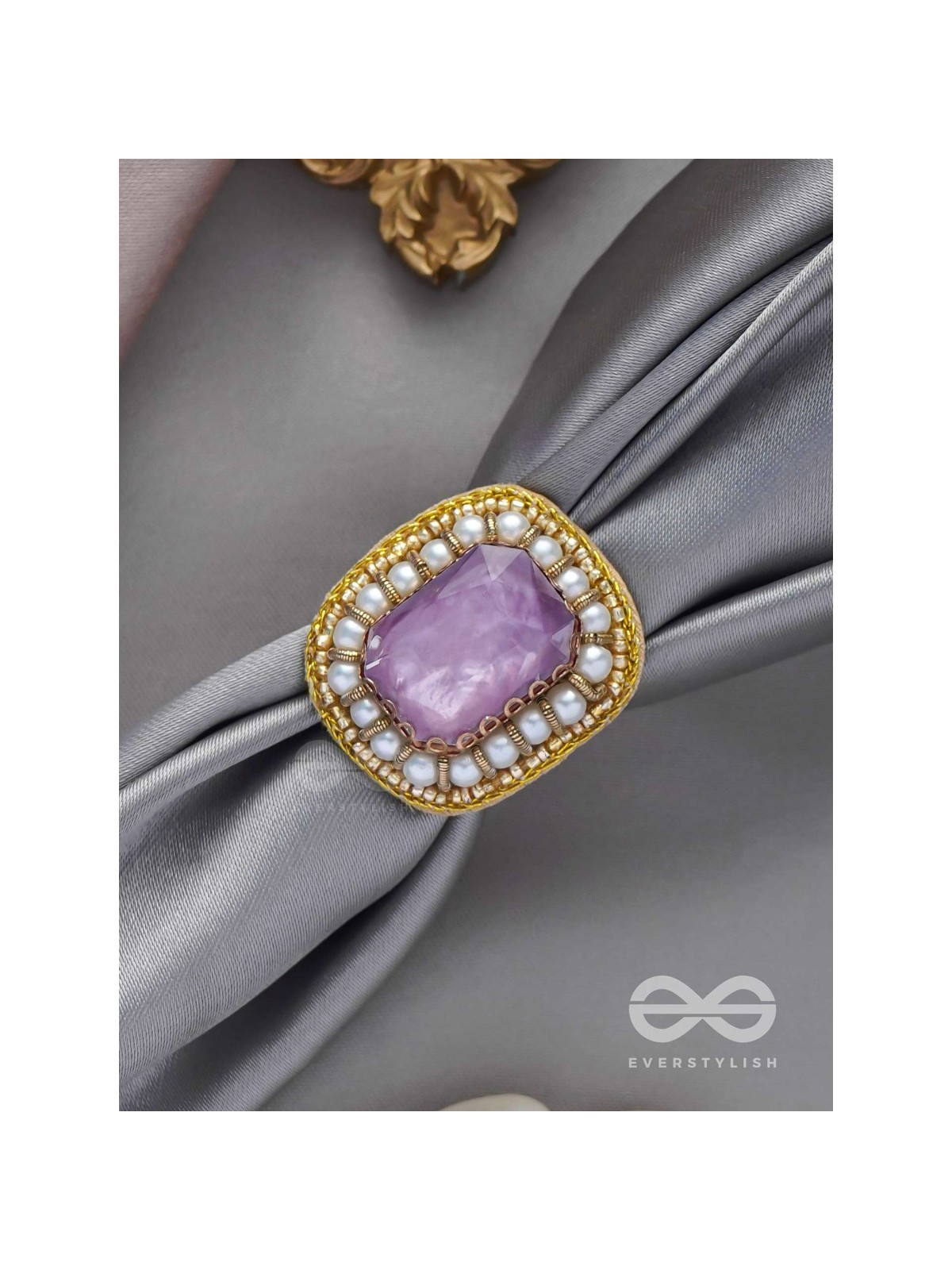 Prakdhipta - Studded With Stone - Stone And Pearls Hand Embroidered Stud Ring (Purple)