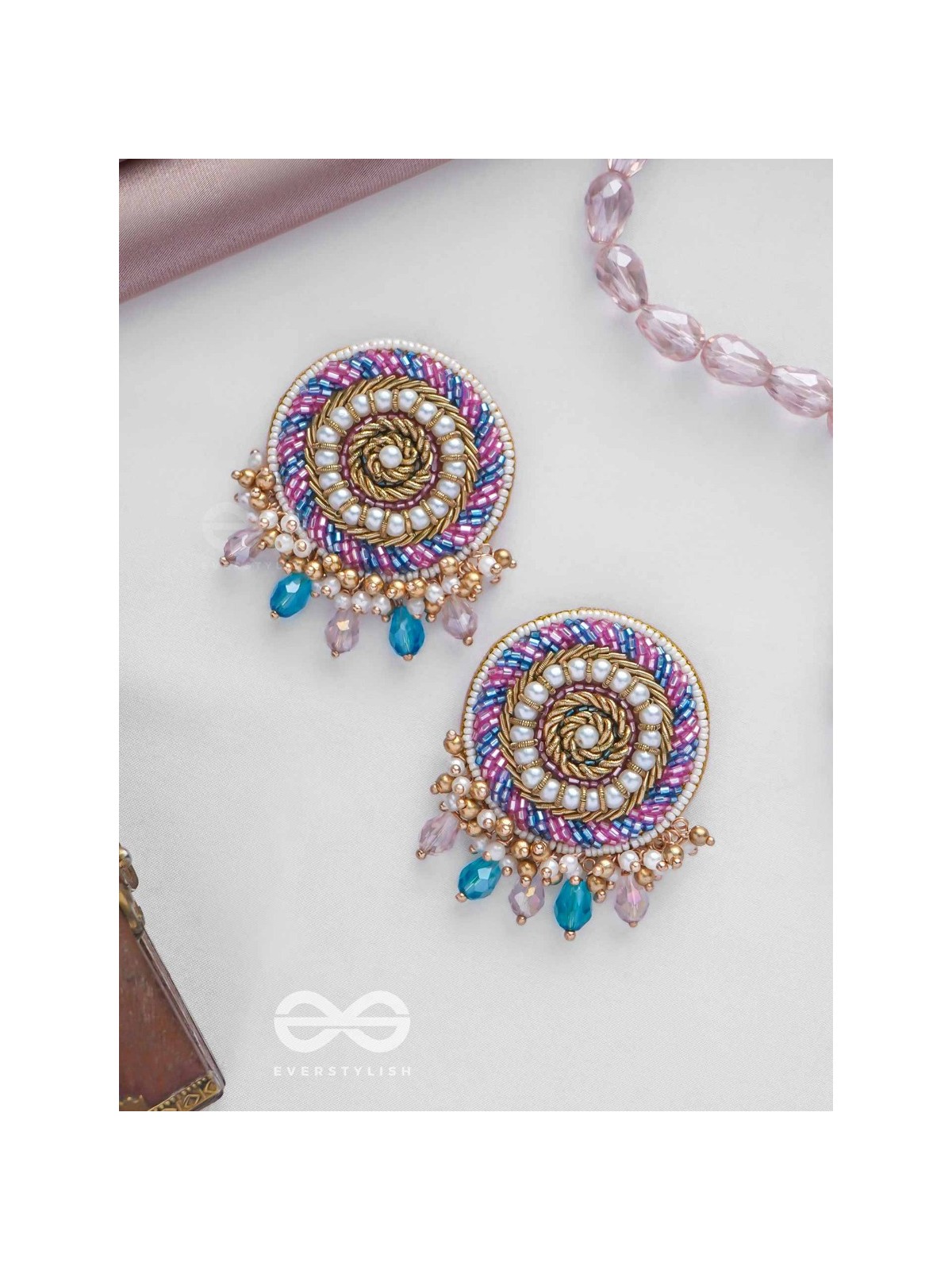 UDYATA- ROUNDABOUT RADIANCE - BEADS, PEARLS AND GLASS DROPS EMBROIDERED EARRINGS (MULTICOLOR)