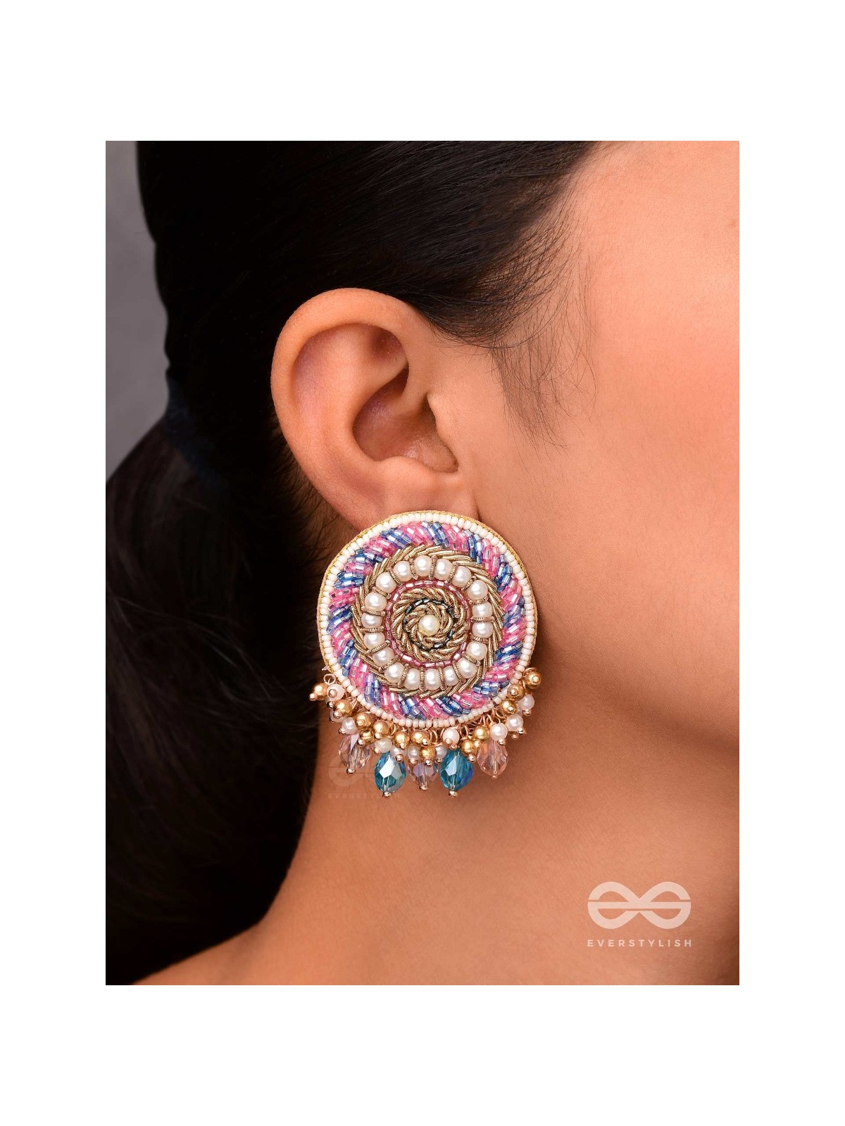 UDYATA- ROUNDABOUT RADIANCE - BEADS, PEARLS AND GLASS DROPS EMBROIDERED EARRINGS (MULTICOLOR)