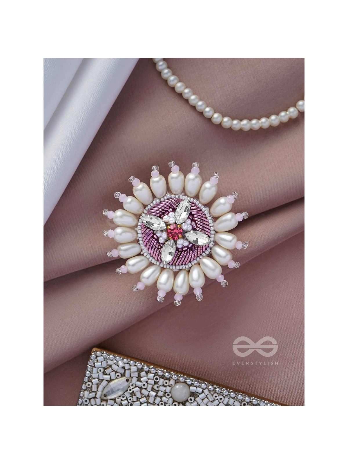 AGALITA - THE FLORAL UNVEILING- STONES AND PEARLS EMBROIDERED RING (PINK & WHITE)
