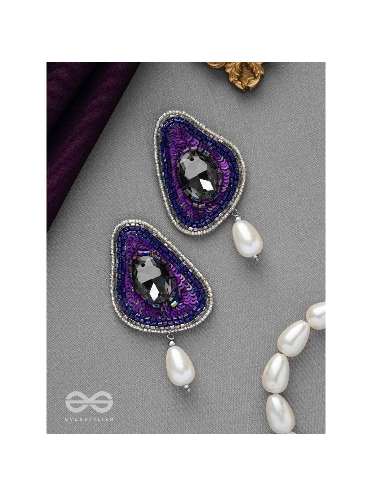 VIRUPATA - THE FREE SPIRITED - STONE, CUT DANA, SEQUINS AND PEARL DROP EMBROIDERED EARRINGS (PURPLE)