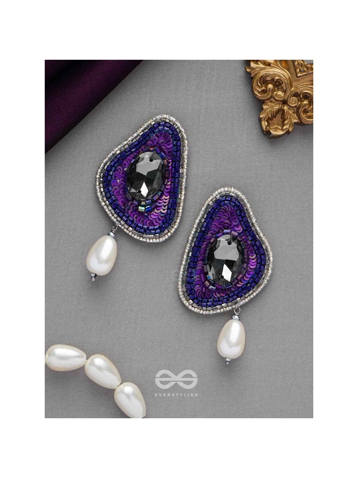 VIRUPATA - THE FREE SPIRITED - STONE, CUT DANA, SEQUINS AND PEARL DROP EMBROIDERED EARRINGS (PURPLE)