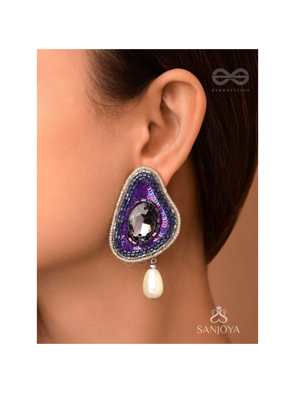 VIRUPATA - THE FREE SPIRITED - STONE, CUT DANA, SEQUINS AND PEARL DROP EMBROIDERED EARRINGS (PURPLE)
