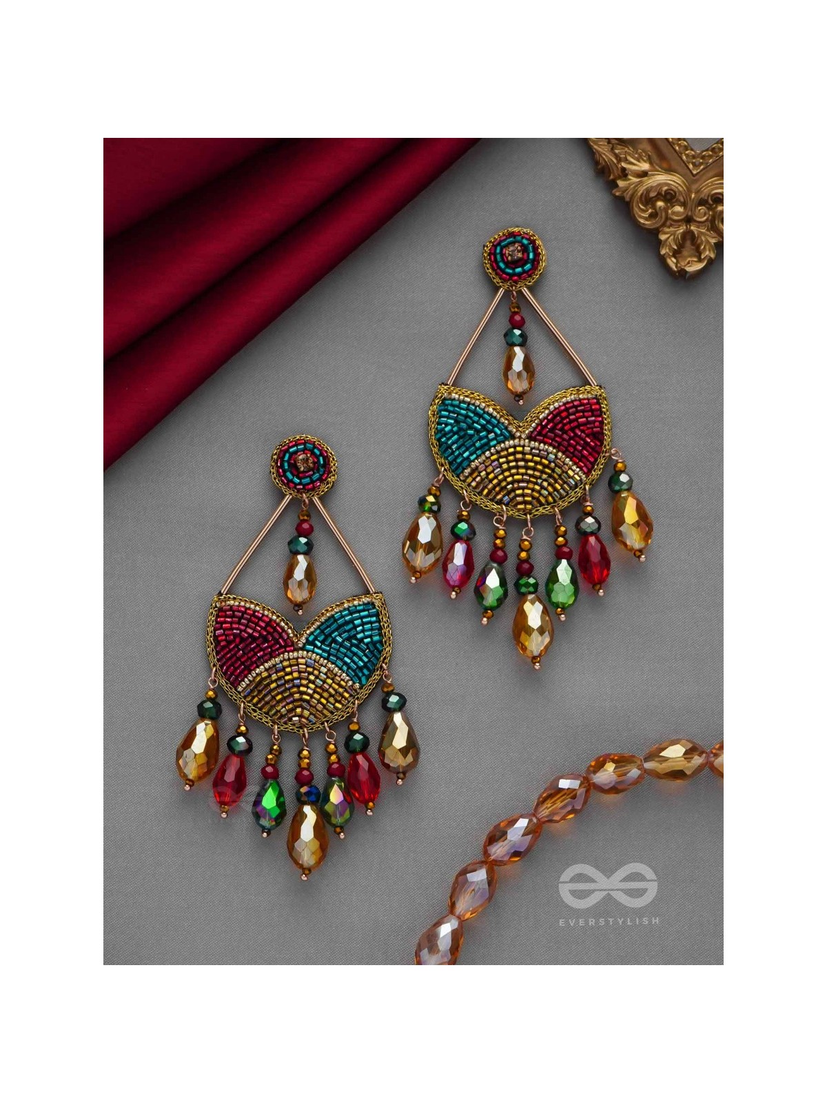 AMOHA - THE MESMERISING TWILIGHT - GLASS DROPS, STONE, CUTDANA AND BEADS EMBROIDERED EARRINGS (MULTICOLOR)