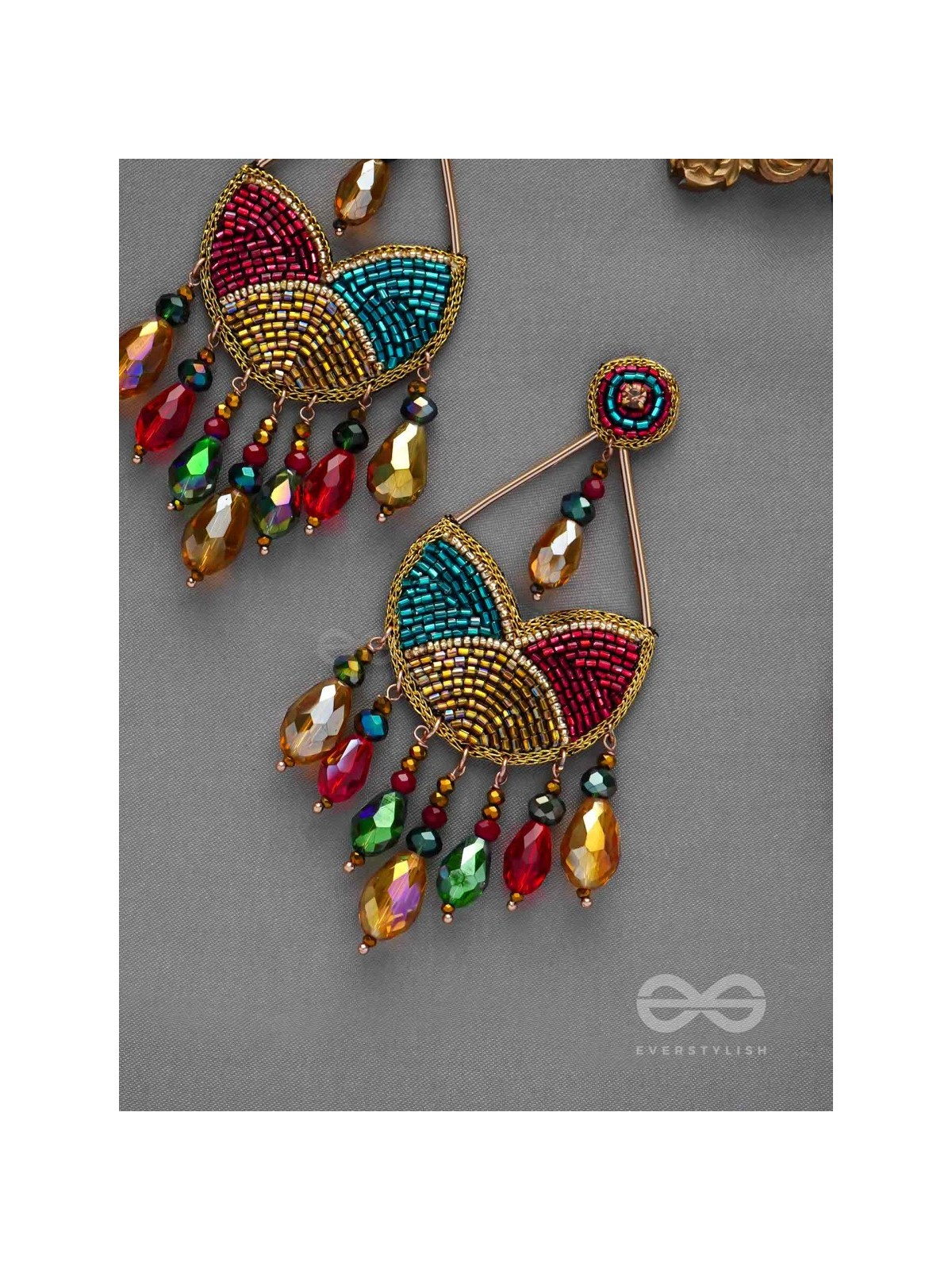 AMOHA - THE MESMERISING TWILIGHT - GLASS DROPS, STONE, CUTDANA AND BEADS EMBROIDERED EARRINGS (MULTICOLOR)
