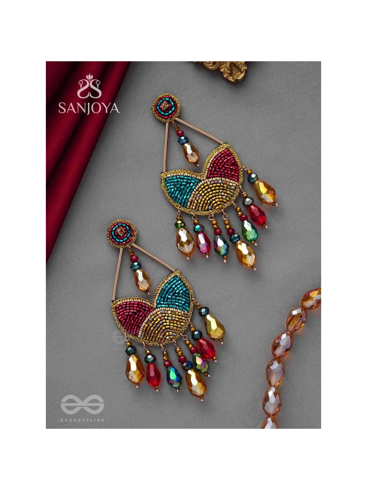 AMOHA - THE MESMERISING TWILIGHT - GLASS DROPS, STONE, CUTDANA AND BEADS EMBROIDERED EARRINGS (MULTICOLOR)