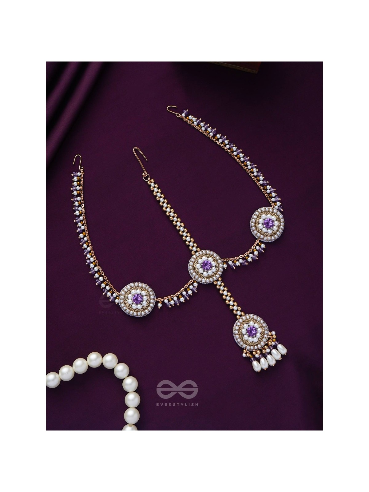 Kanichi - A Floral Blossom - Pearl Drops, Beads And Stone Hand Embroidered Maathapatti