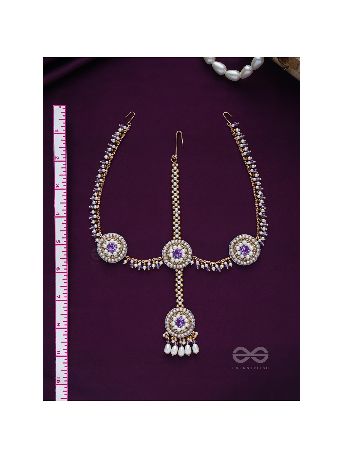 Kanichi - A Floral Blossom - Pearl Drops, Beads And Stone Hand Embroidered Maathapatti