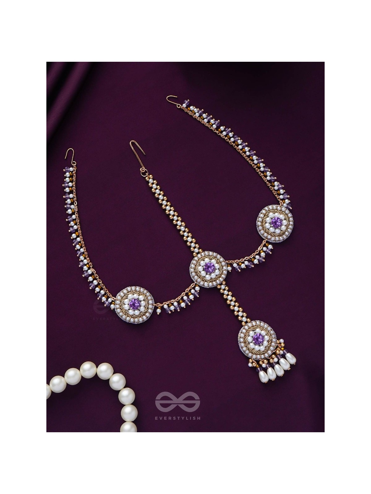 Kanichi - A Floral Blossom - Pearl Drops, Beads And Stone Hand Embroidered Maathapatti