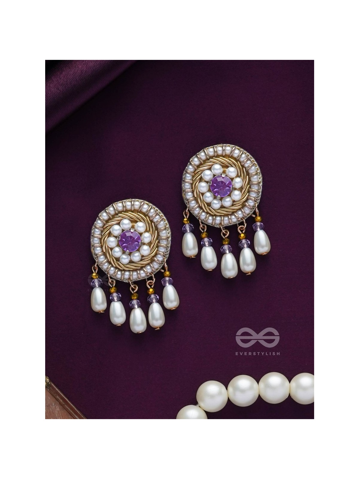 TARUNIKA - A YOUNG BUD - STONE, PEARLS AND BEADS EMBROIDERED EARRINGS (PURPLE & WHITE)