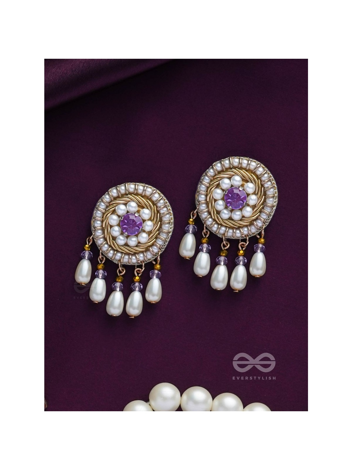 TARUNIKA - A YOUNG BUD - STONE, PEARLS AND BEADS EMBROIDERED EARRINGS (PURPLE & WHITE)
