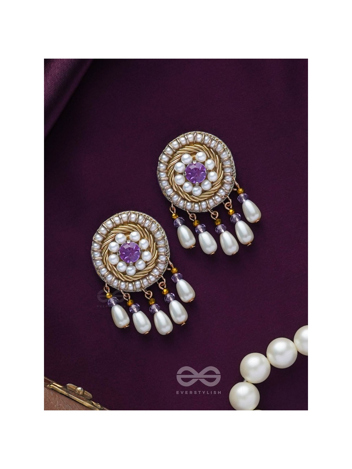 TARUNIKA - A YOUNG BUD - STONE, PEARLS AND BEADS EMBROIDERED EARRINGS (PURPLE & WHITE)