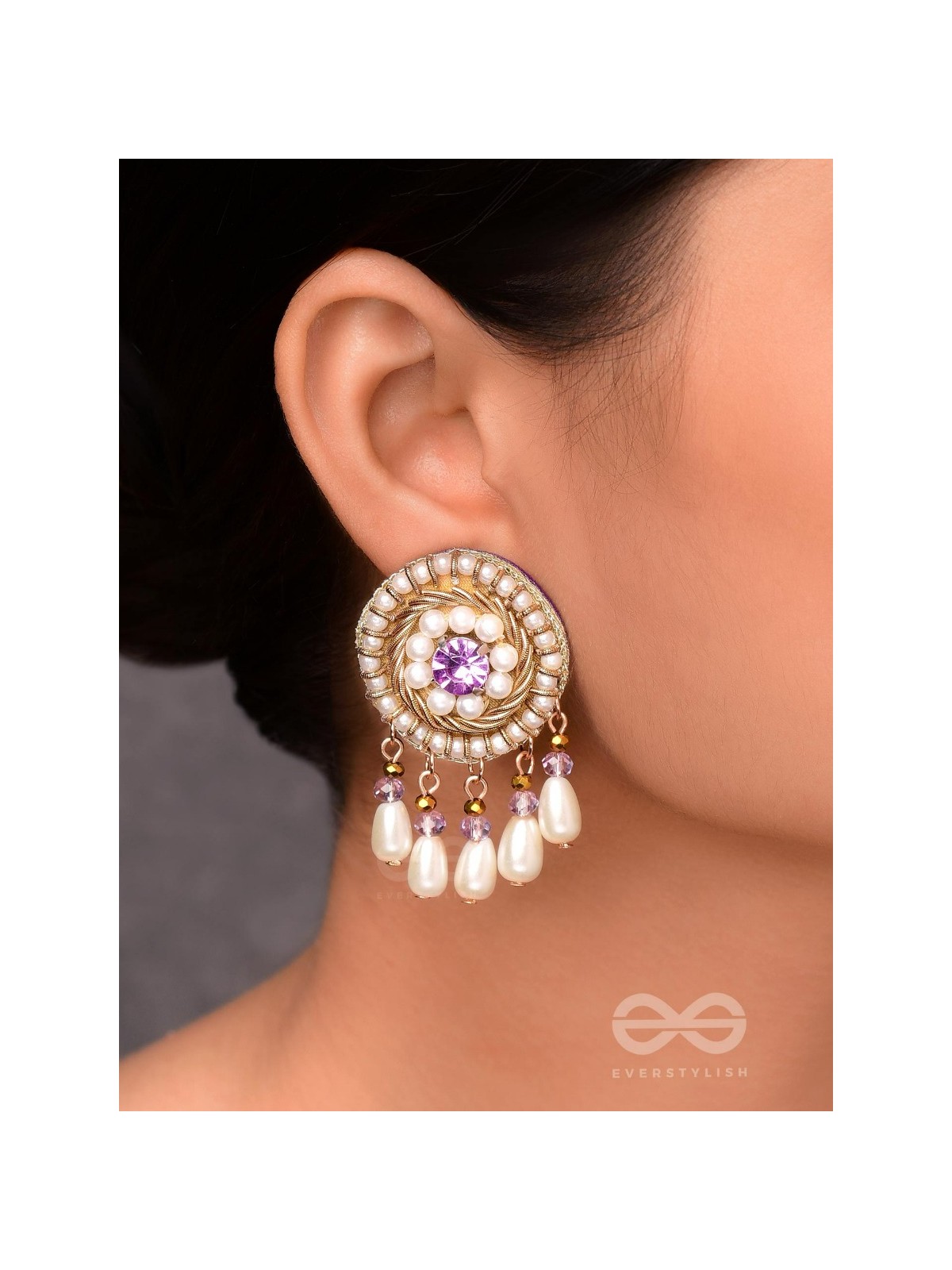 TARUNIKA - A YOUNG BUD - STONE, PEARLS AND BEADS EMBROIDERED EARRINGS (PURPLE & WHITE)