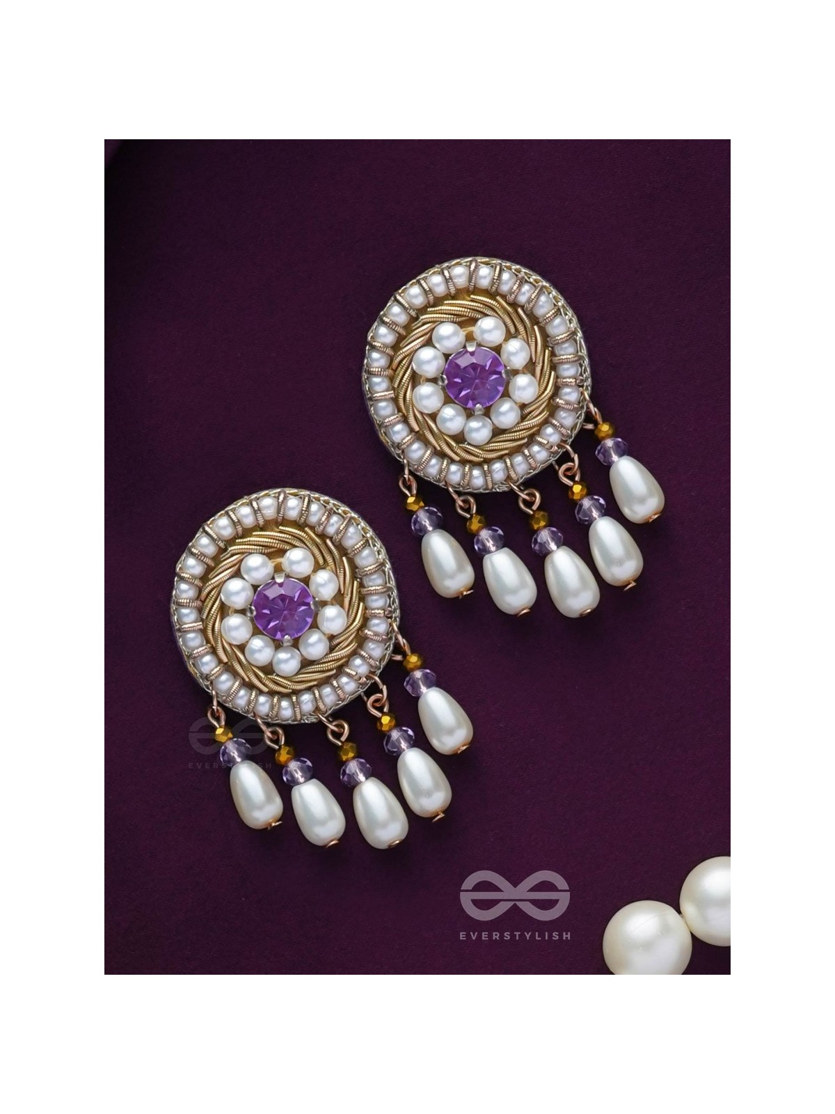 TARUNIKA - A YOUNG BUD - STONE, PEARLS AND BEADS EMBROIDERED EARRINGS (PURPLE & WHITE)