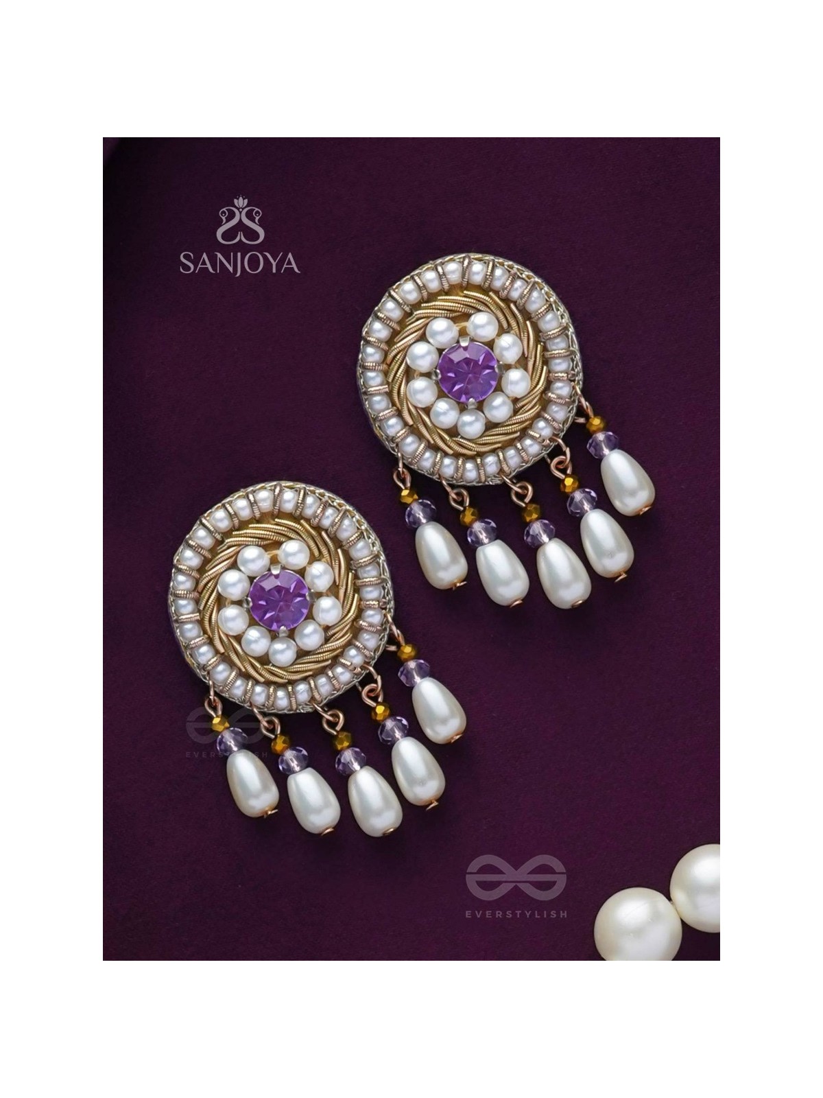 TARUNIKA - A YOUNG BUD - STONE, PEARLS AND BEADS EMBROIDERED EARRINGS (PURPLE & WHITE)