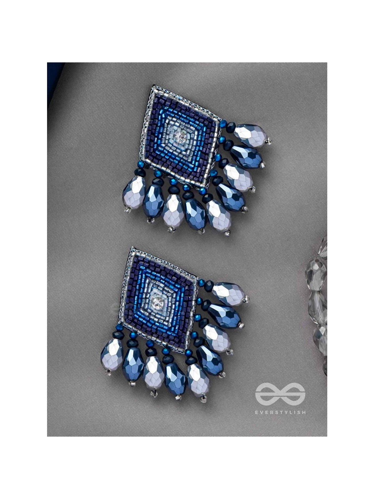 YASAS - THE ILLUMINATED FAME- STONE, CUT DANA AND GLASS DROPS EMBROIDERED EARRINGS (BLUE)