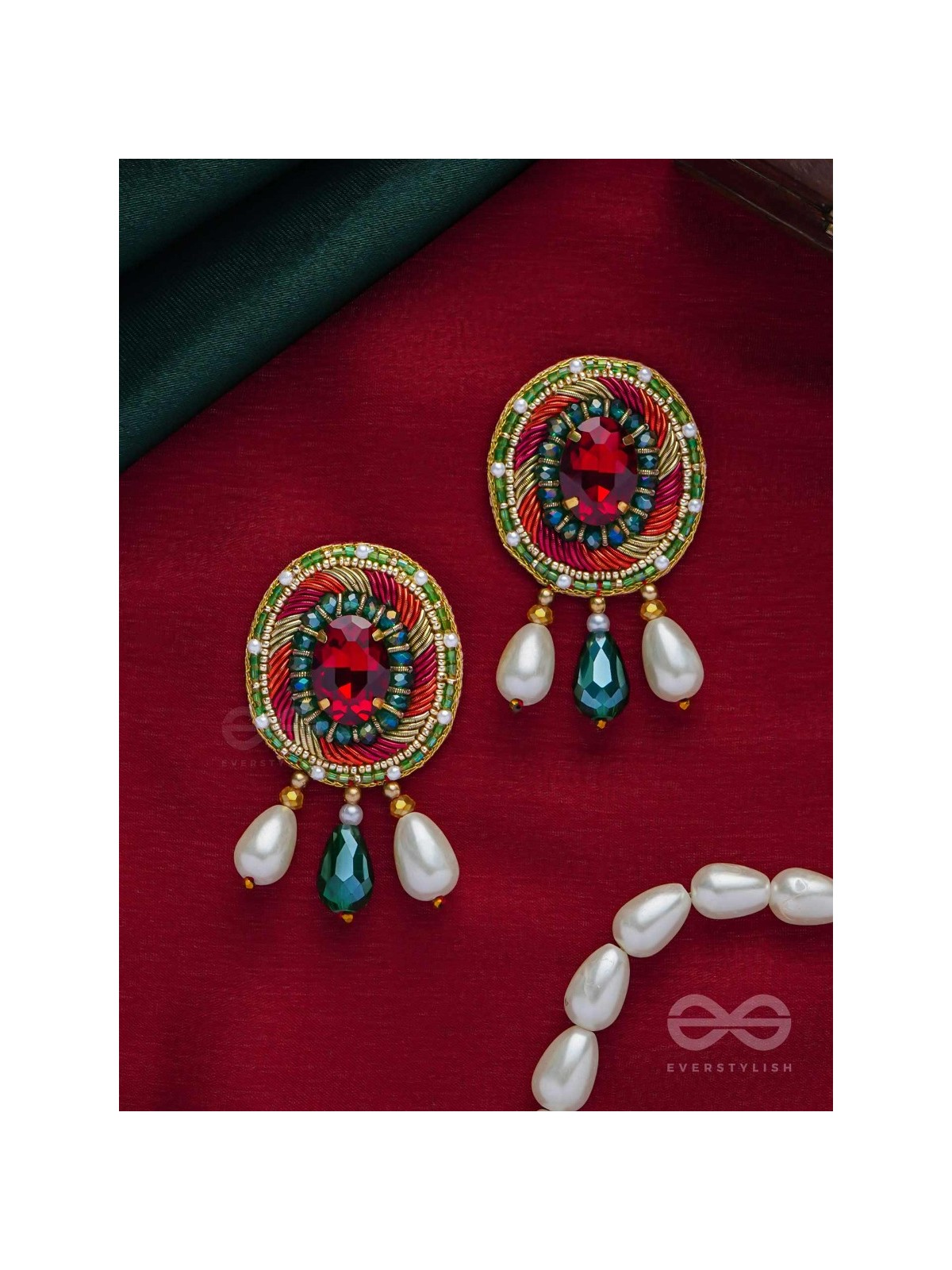ARUNRATNA - THE RED GEM - BEADS, PEARLS AND STONE EMBROIDERED EARRINGS (MULTICOLOR)