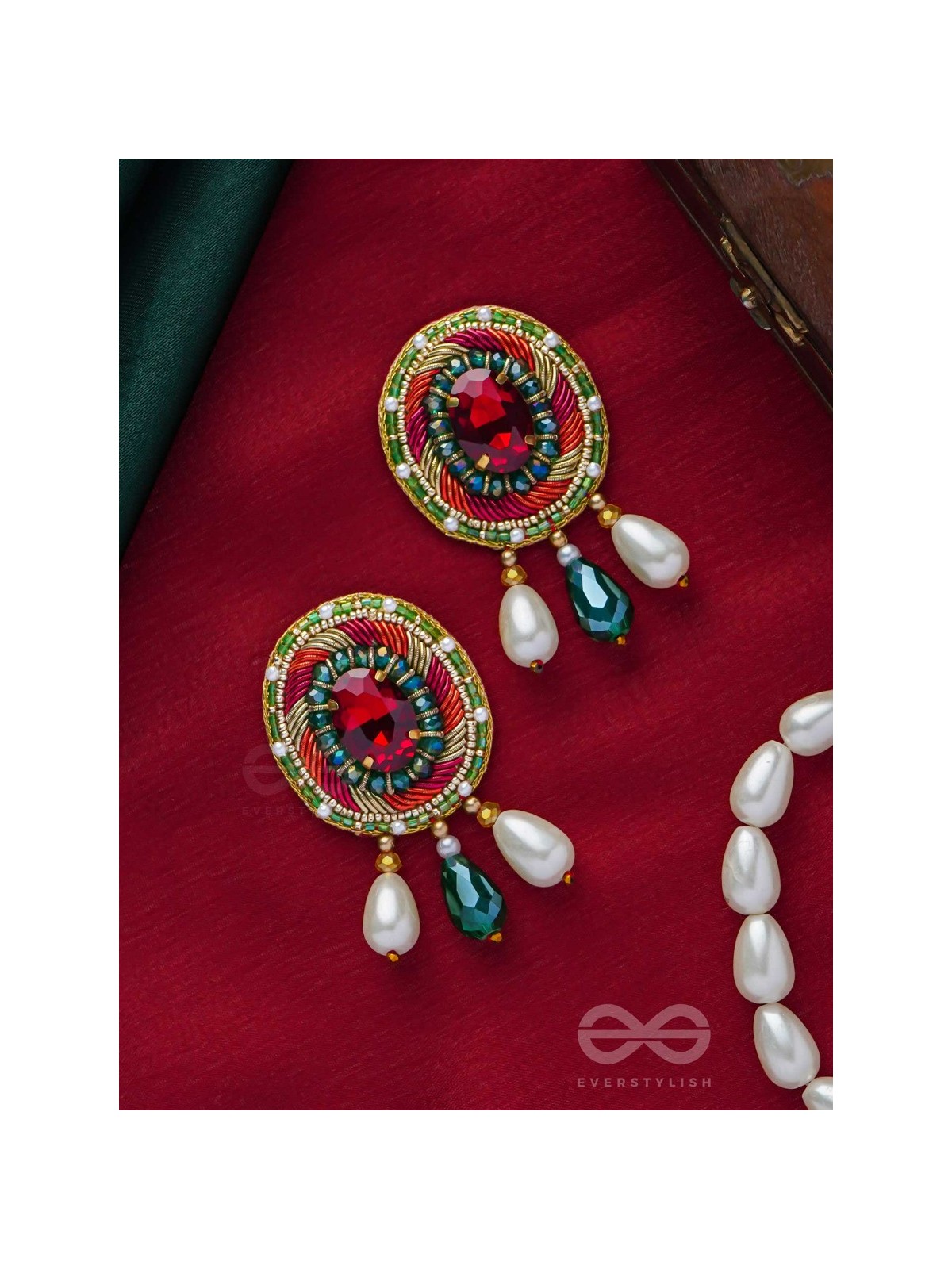 ARUNRATNA - THE RED GEM - BEADS, PEARLS AND STONE EMBROIDERED EARRINGS (MULTICOLOR)