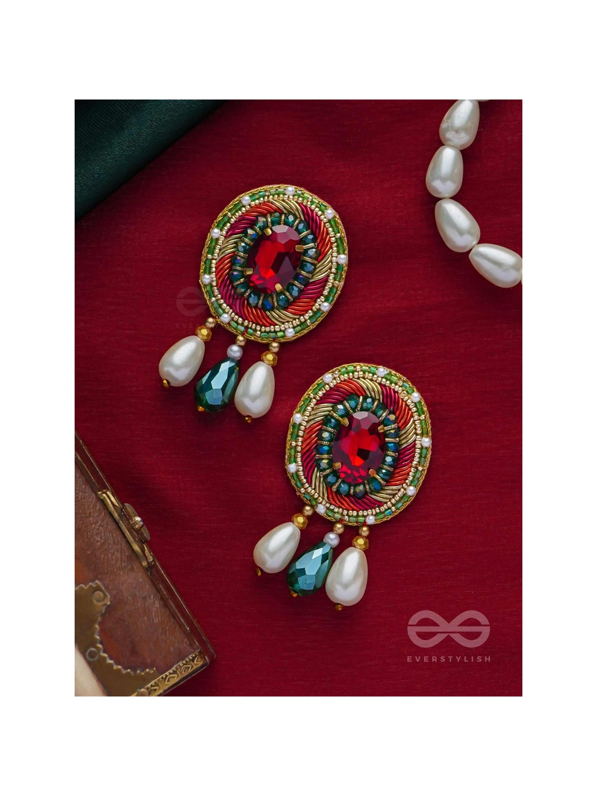 ARUNRATNA - THE RED GEM - BEADS, PEARLS AND STONE EMBROIDERED EARRINGS (MULTICOLOR)