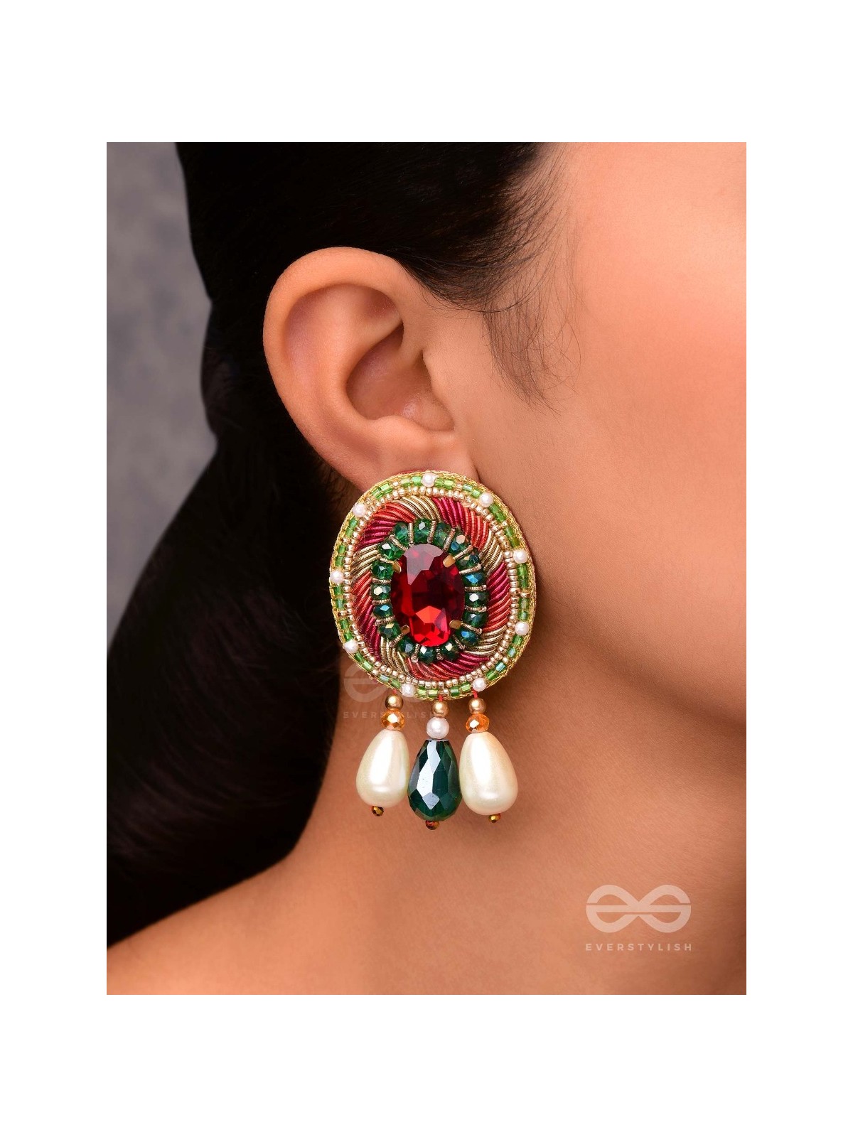 ARUNRATNA - THE RED GEM - BEADS, PEARLS AND STONE EMBROIDERED EARRINGS (MULTICOLOR)
