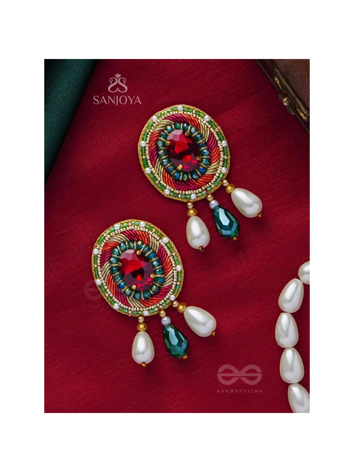 ARUNRATNA - THE RED GEM - BEADS, PEARLS AND STONE EMBROIDERED EARRINGS (MULTICOLOR)