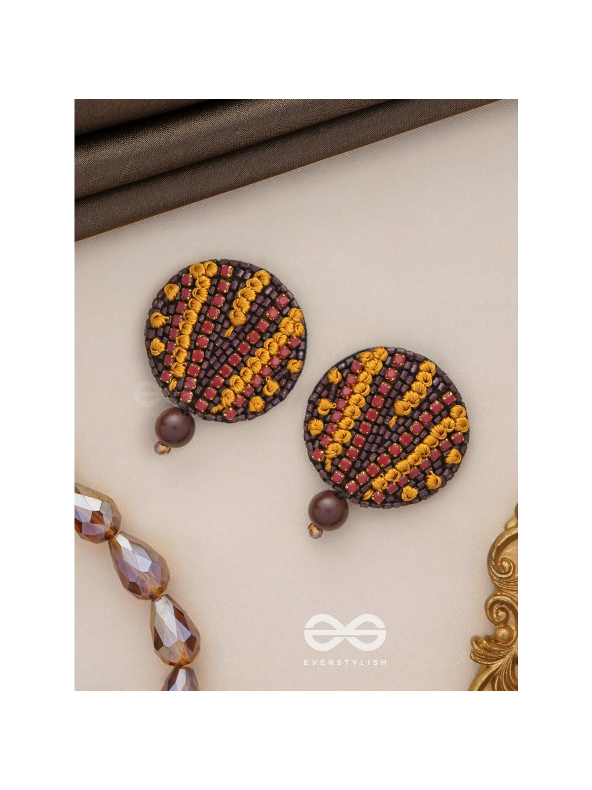 Mrdu - The Soft Nuance - Resham And Cutdana Hand Embroidered Earrings (Brown)