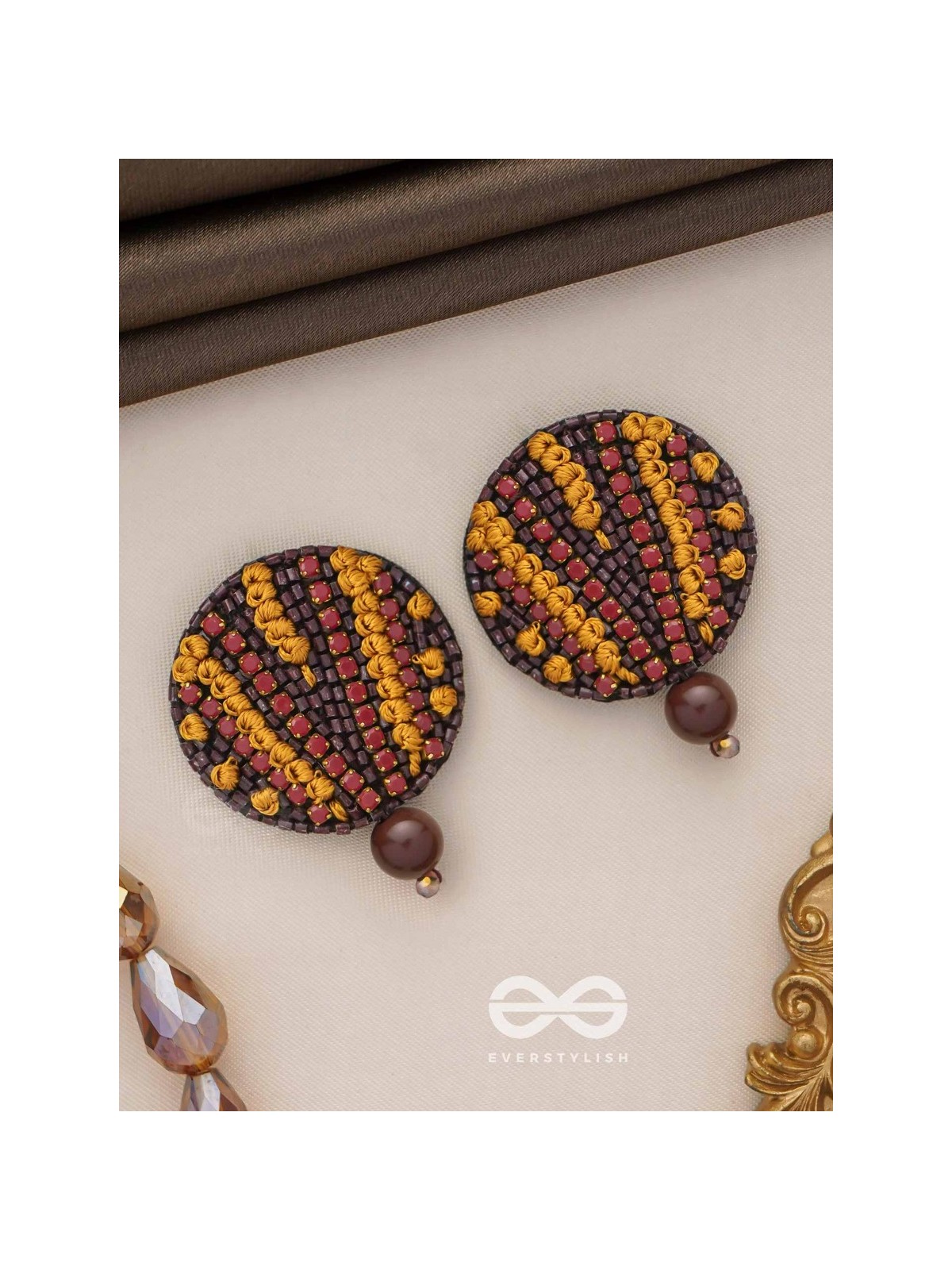 Mrdu - The Soft Nuance - Resham And Cutdana Hand Embroidered Earrings (Brown)