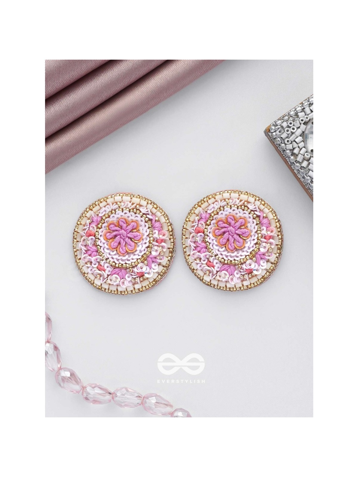 PUSHPITA - FLORAL RADIANCE - SEQUINS AND CUTDANA  EMBROIDERED STUD EARRINGS