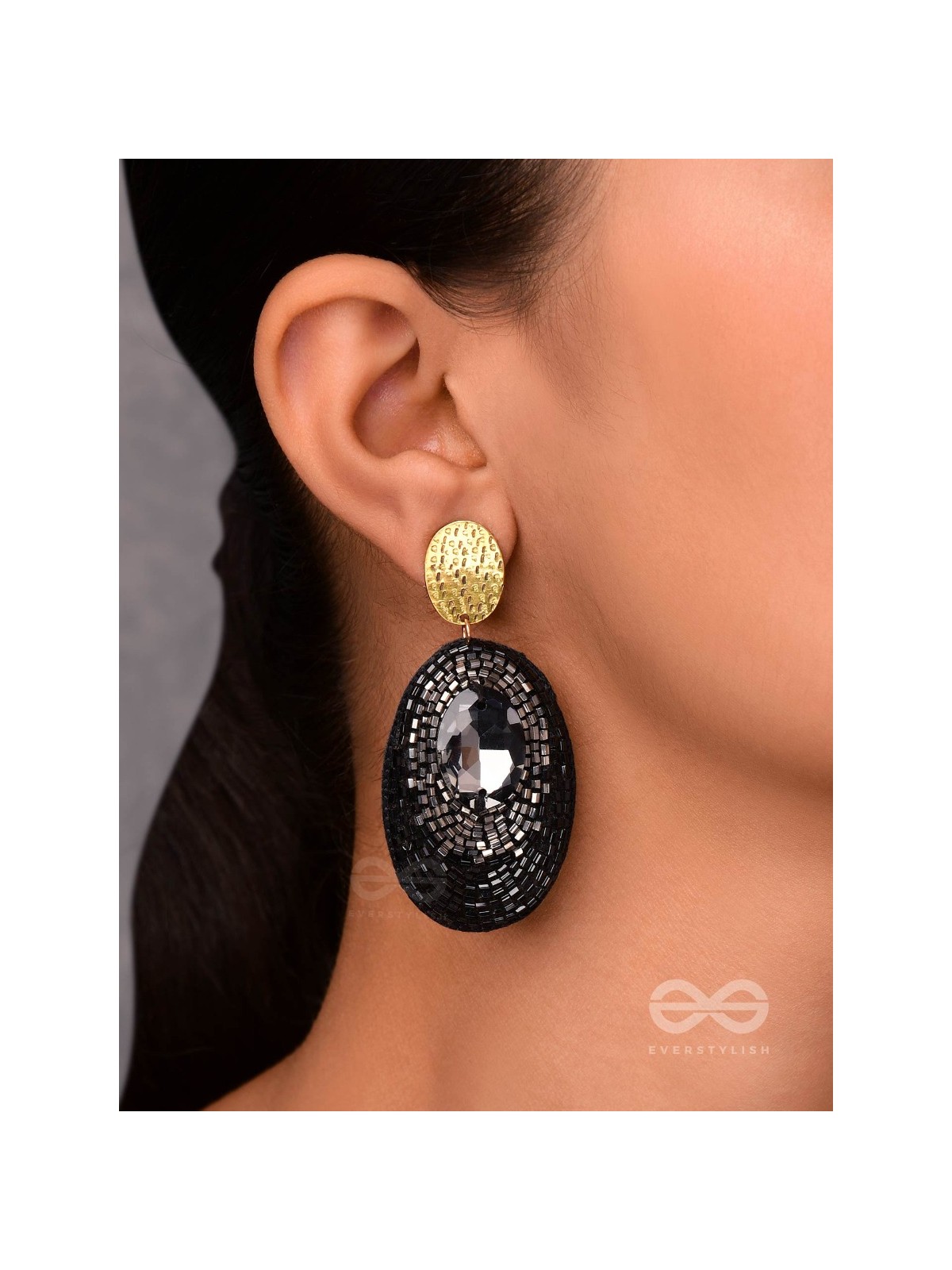 ASHMAK - THE DUSKY STONE - STONE AND CUTDANA EMBROIDERED EARRINGS (BLACK)