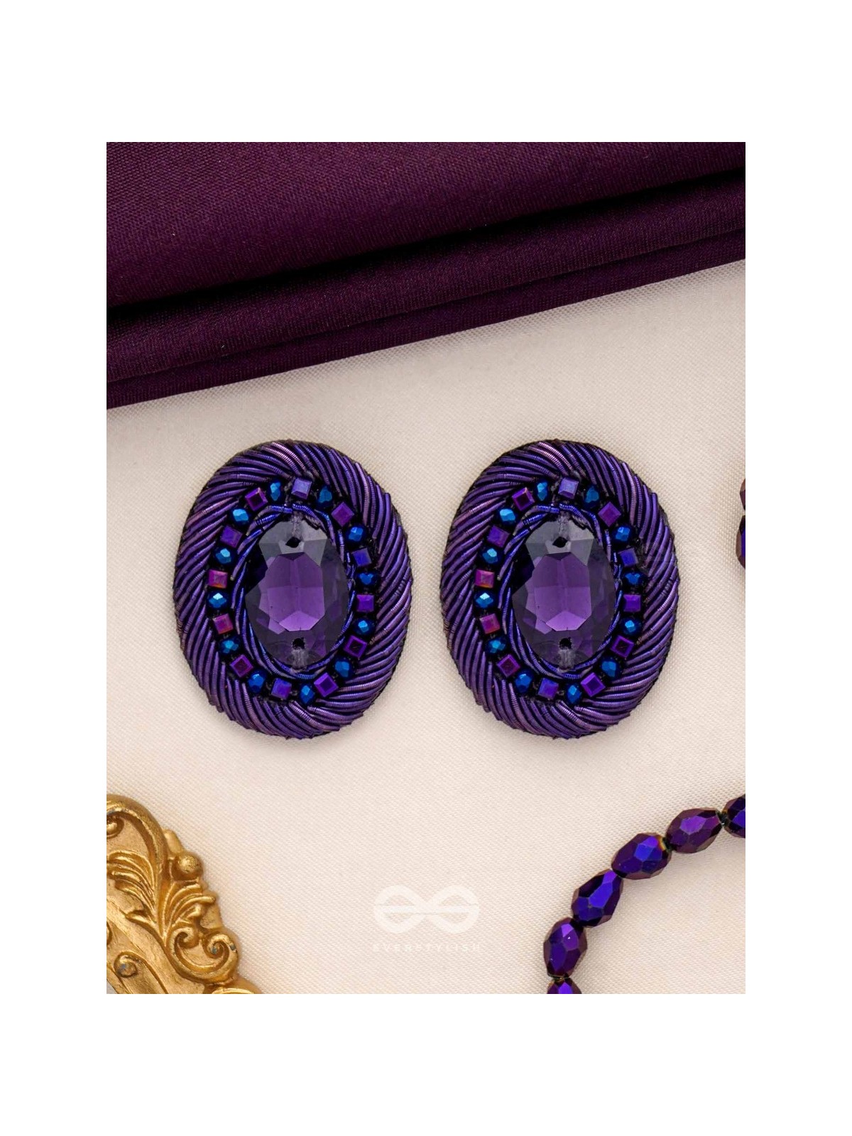 KASHYAPI - THE INDIGO GLOW - STONE AND BEADS EMBROIDERED EARRINGS (PURPLE & ROYAL BLUE)