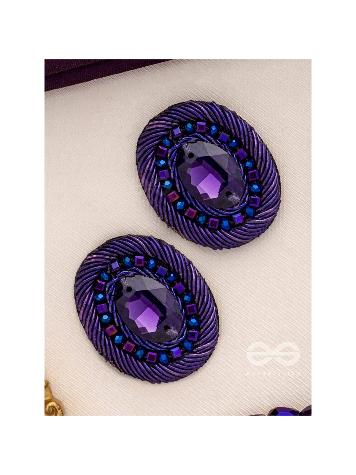 KASHYAPI - THE INDIGO GLOW - STONE AND BEADS EMBROIDERED EARRINGS (PURPLE & ROYAL BLUE)