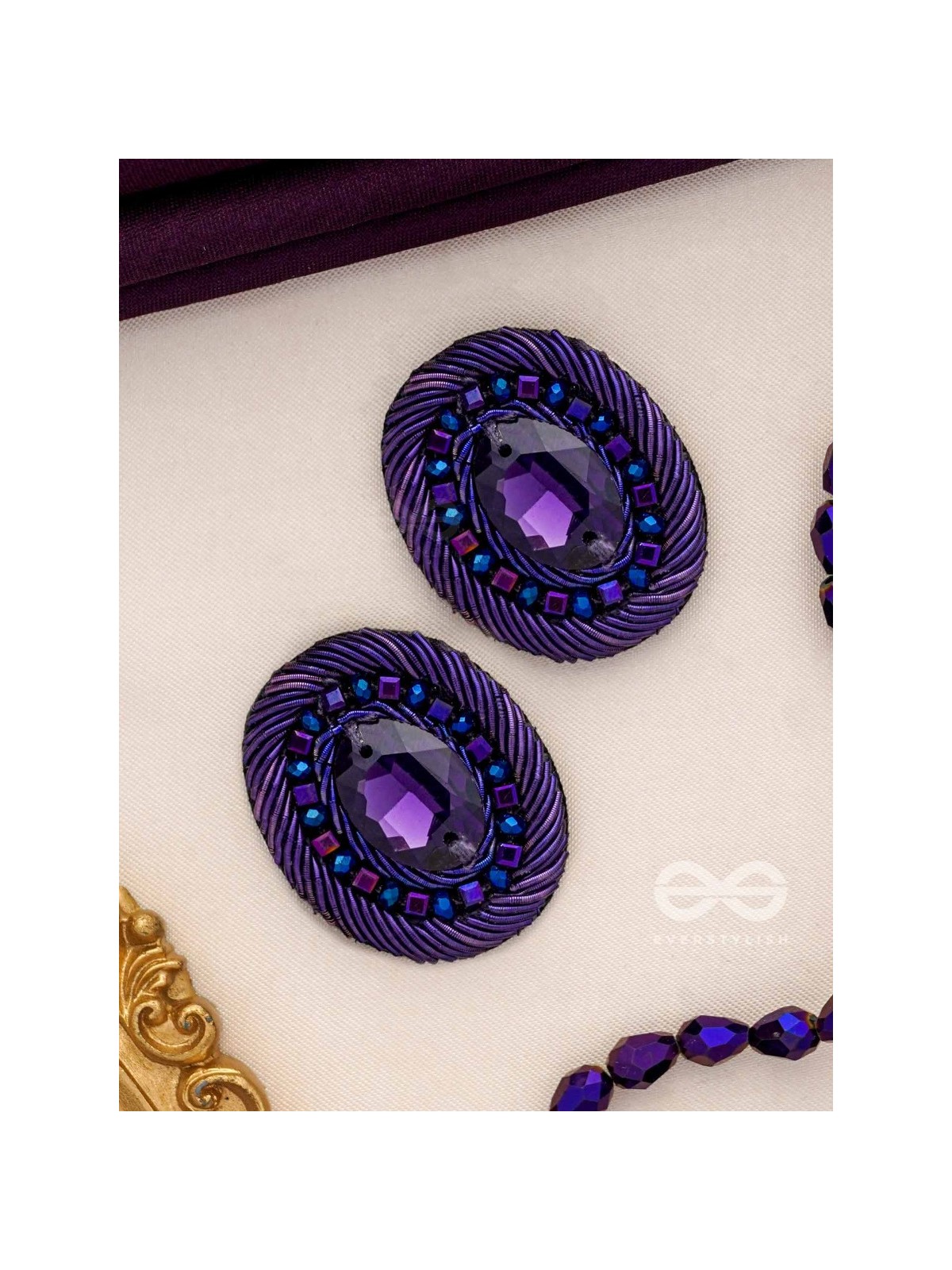 KASHYAPI - THE INDIGO GLOW - STONE AND BEADS EMBROIDERED EARRINGS (PURPLE & ROYAL BLUE)