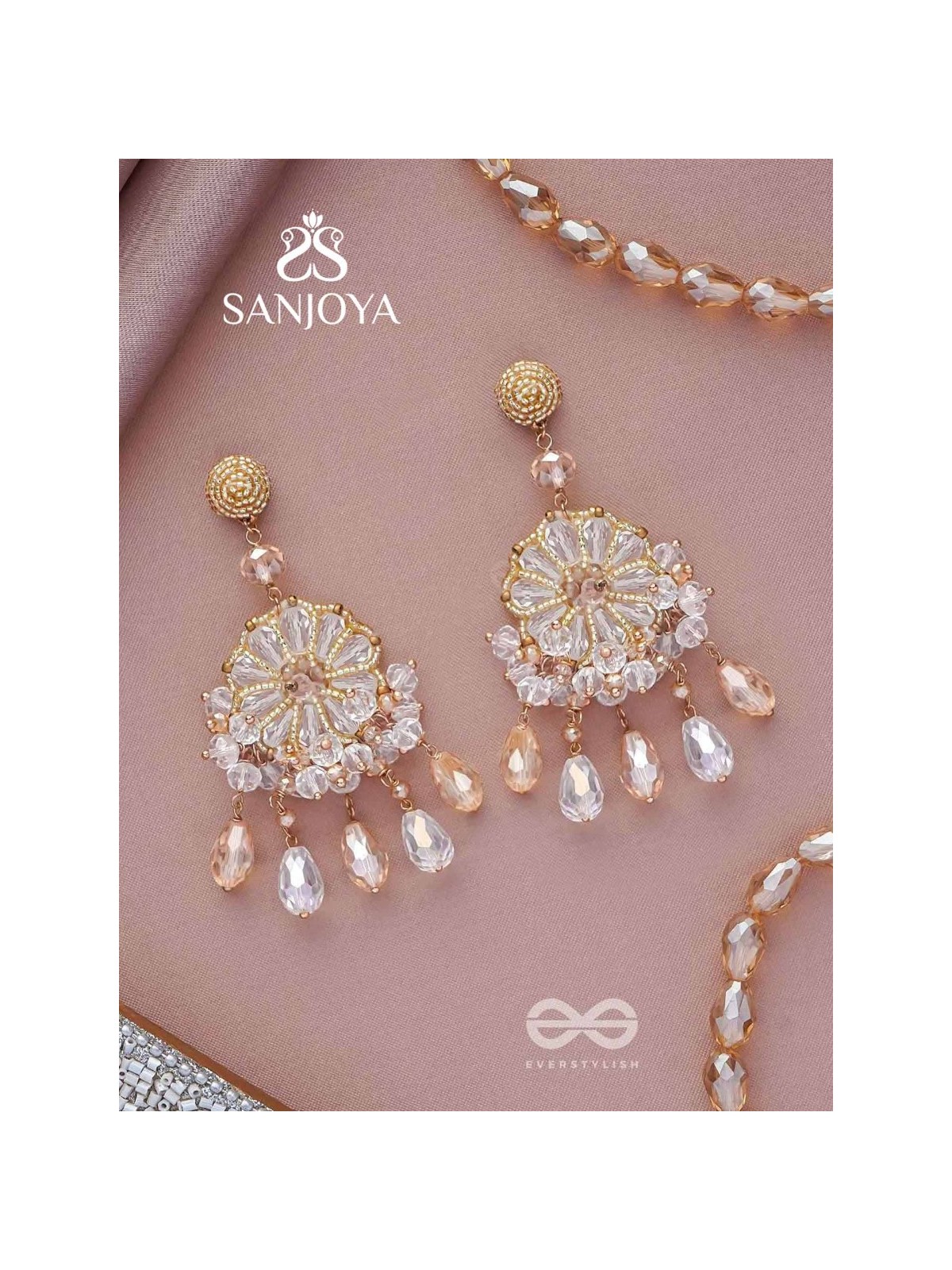 PRASANNA - THE PURE - BEADS AND GLASS DROPS EMBROIDERED EARRINGS