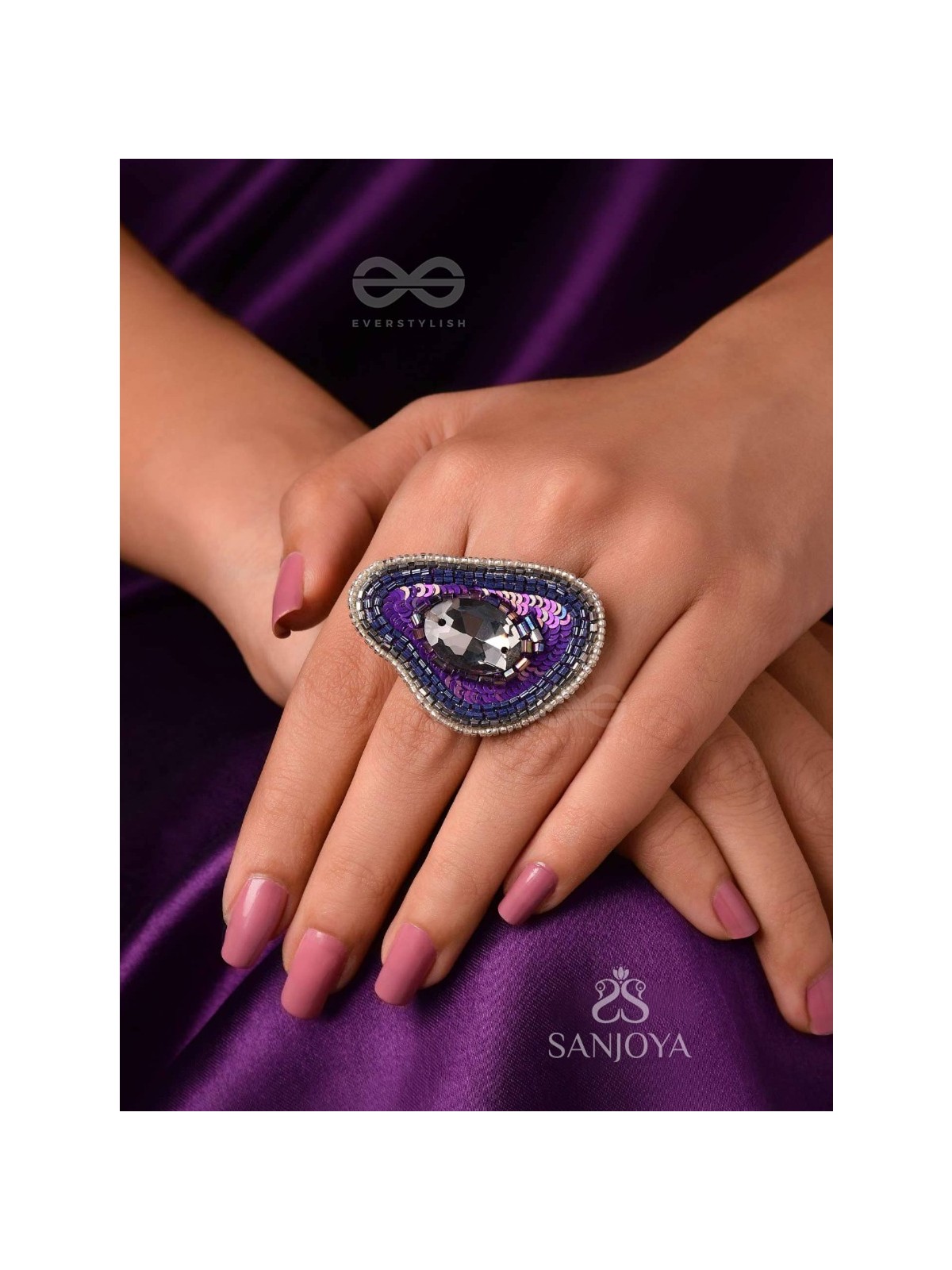 ANAVRITI - THE UNFURLING ELEGANCE - STONE, SEQUINS AND BEADS EMBROIDERED RING (PURPLE)