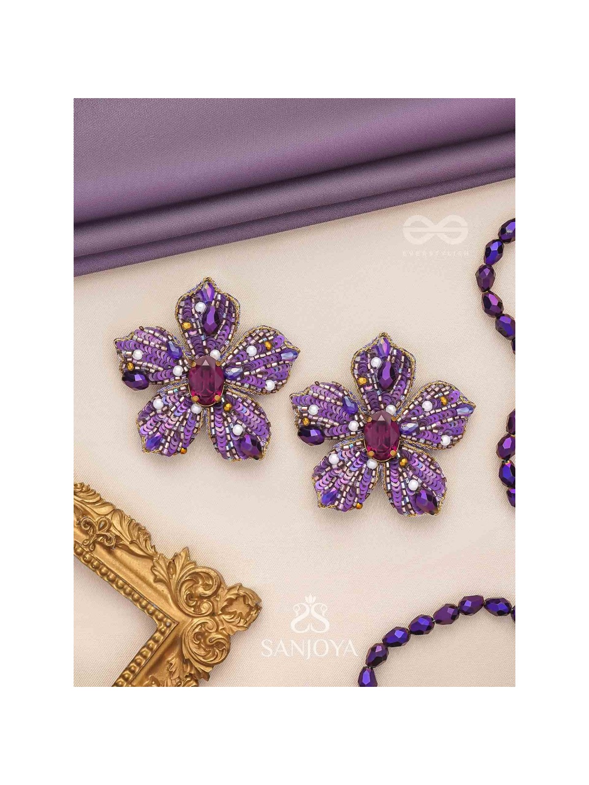 SVABHĀVIKA - THE NATURAL GRACE - STONE, SEQUINS AND PEARLS EMBROIDERED EARRINGS (PURPLE)