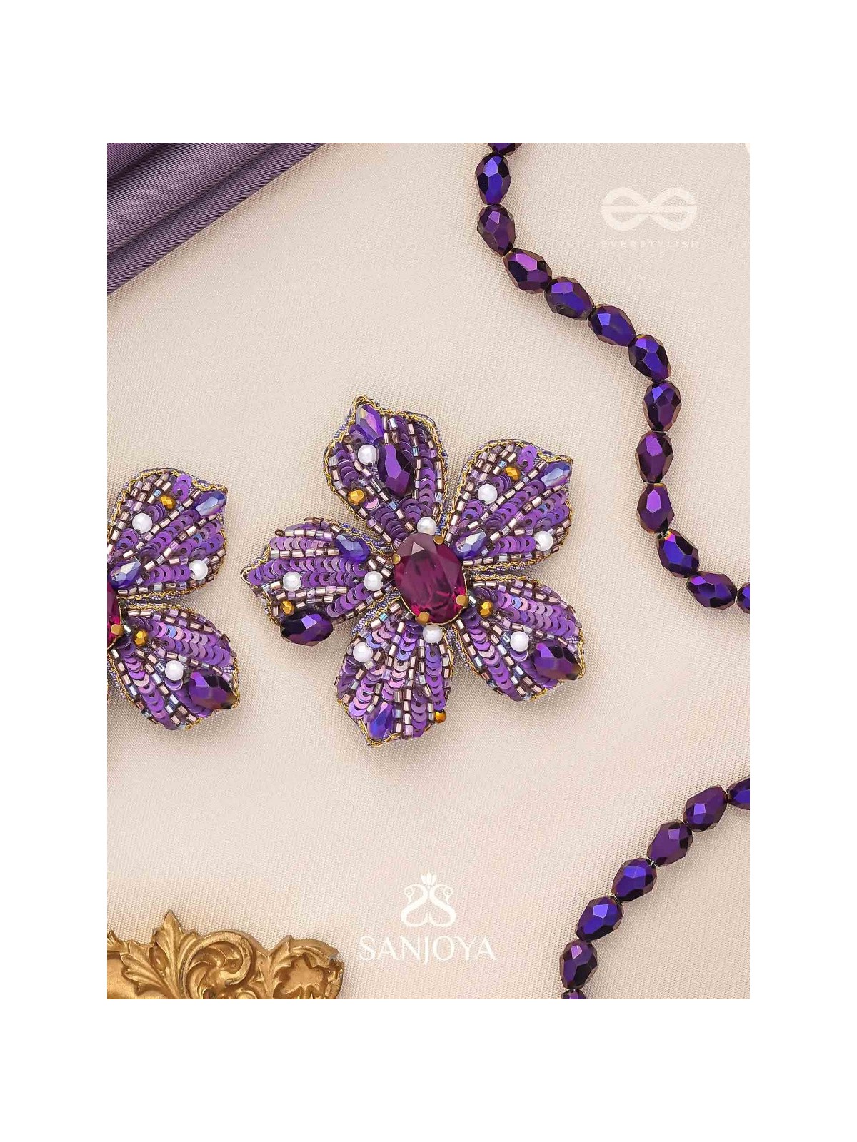SVABHĀVIKA - THE NATURAL GRACE - STONE, SEQUINS AND PEARLS EMBROIDERED EARRINGS (PURPLE)