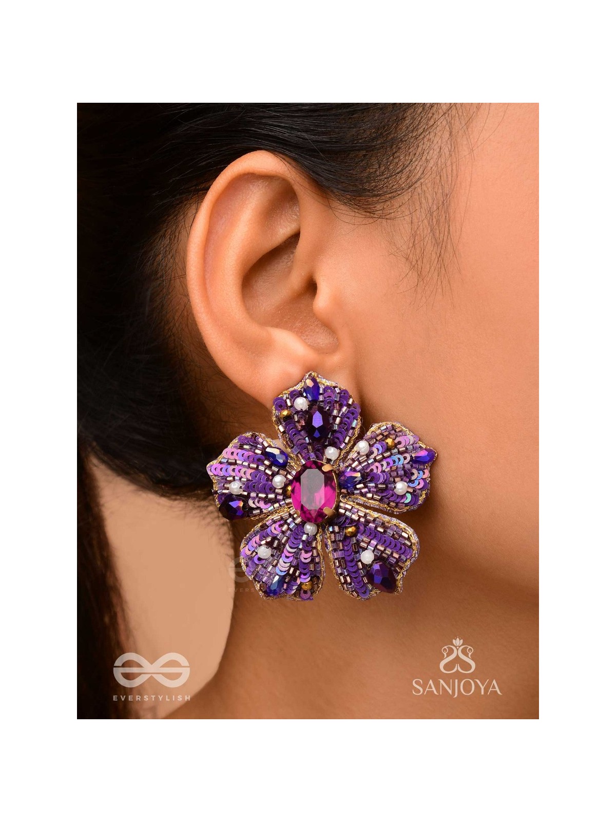 SVABHĀVIKA - THE NATURAL GRACE - STONE, SEQUINS AND PEARLS EMBROIDERED EARRINGS (PURPLE)