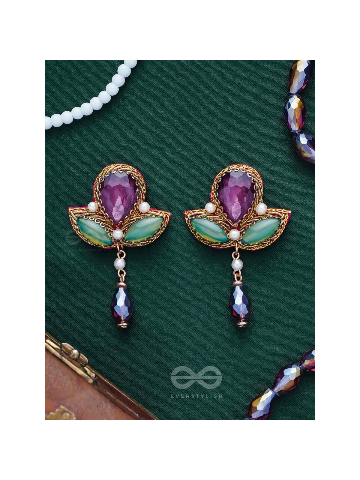 MANIRANJINI - DELIGHTENING IN JEWELS - STONES, BEADS, GLASS AND PEARL DROP EMBROIDERED EARRINGS