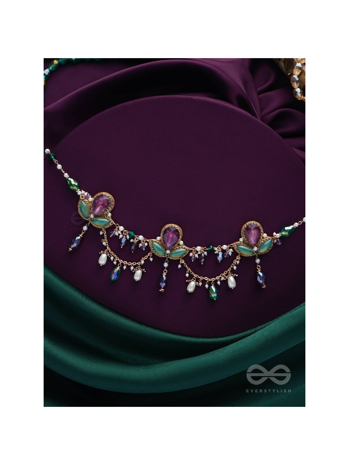 Aabharan - The Royal Ornament - Stones, Beads, Glass And Pearl Drop Embroidered Neckpiece With Anti-Tarnish Coating