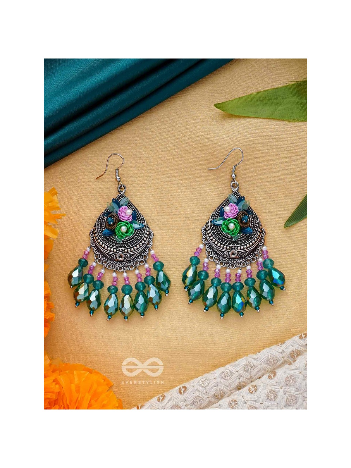 VRINDARANYA - THE LUSH FOREST - SEQUINS, BEADS AND GLASS DROPS EMBROIDERED AND OXIDISED EARRINGS