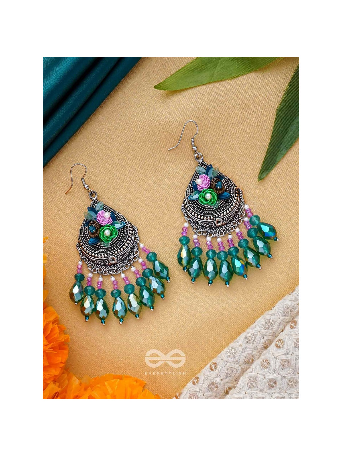 VRINDARANYA - THE LUSH FOREST - SEQUINS, BEADS AND GLASS DROPS EMBROIDERED AND OXIDISED EARRINGS